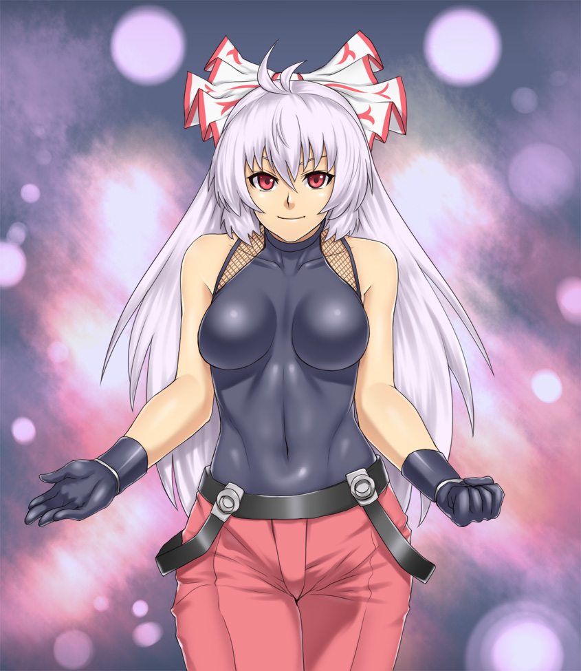 houtengeki, fujiwara no mokou, omega rugal, rugal bernstein, the king of fighters, touhou, silver hair, 1girl, bare shoulders, breasts, clenched hand, cosplay, covered navel, female focus, gloves, impossible clothes, impossible shirt, large breasts, long hair, red eyes, rugal bernstein (cosplay), shirt, solo, suspenders, suspenders slip