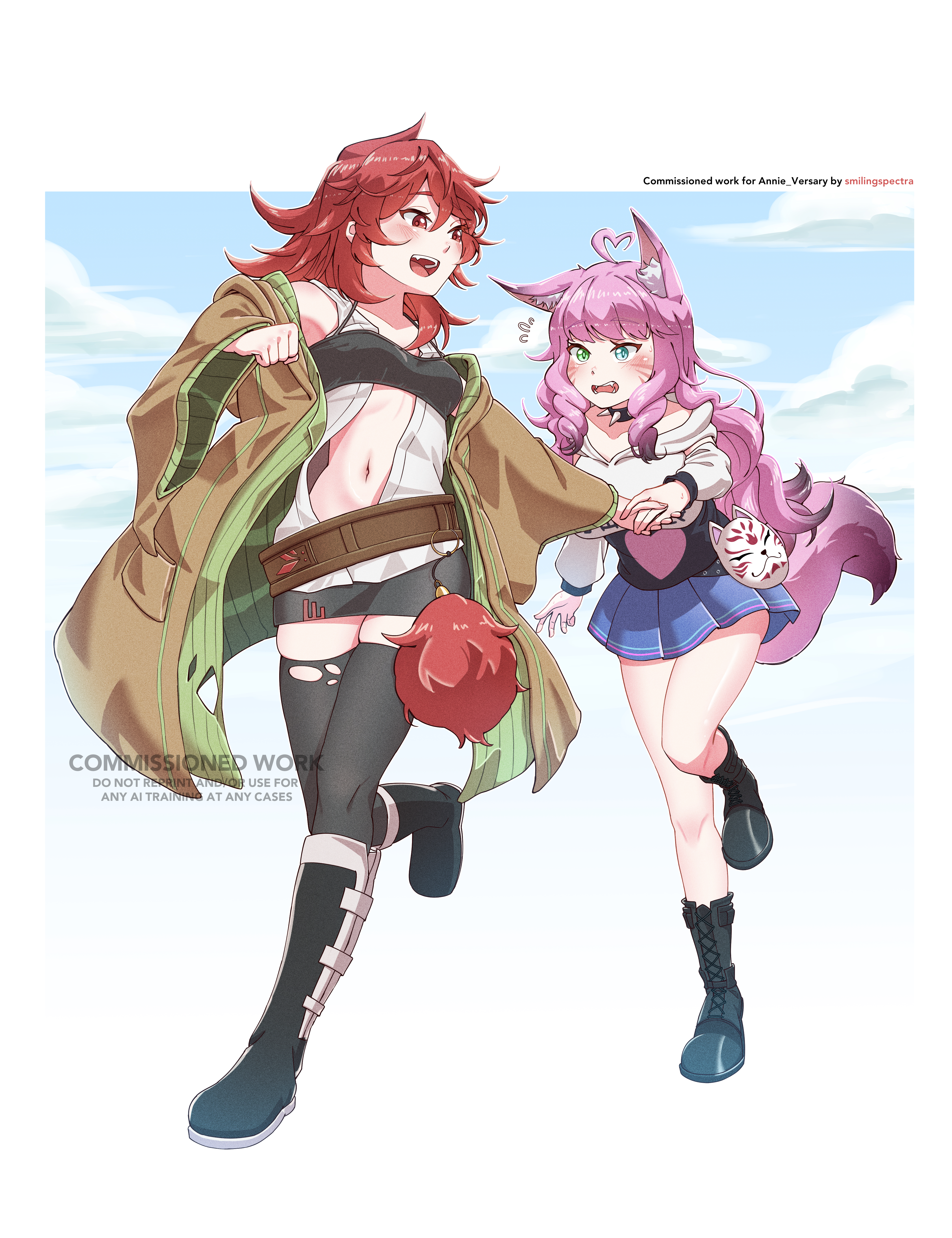 smilingspectra, hiita (yu-gi-oh!), hiita the fire charmer, original, yu-gi-oh!, absurdres, commentary, commission, english commentary, highres, 2girls, :d, ahoge, animal ear fluff, animal ears, artist name, bandeau, bare shoulders, belt, black bandeau, black boots, black collar, black shirt, black skirt, black thighhighs, blue eyes, blue skirt, blue sky, blush, boots, borrowed character, breasts, brown belt, brown robe, cloud, collar, collarbone, cropped hoodie, day, duel monster, facial mark, fang, fangs, flying sweatdrops, fox ears, fox girl, fox mask, fox tail, full body, green eyes, hair between eyes, heart, heart ahoge, heart print, heterochromia, holding hands, hood, hood down, hooded robe, hoodie, knee boots, large breasts, long hair, long sleeves, looking at another, mask, medium breasts, miniskirt, multiple girls, navel, off shoulder, open clothes, open mouth, open robe, pencil skirt, pleated skirt, pom pom (clothes), purple hair, red eyes, red hair, robe, running, shirt, sidelocks, skindentation, skirt, sky, sleeveless, sleeveless shirt, smile, spiked collar, spikes, stomach, tail, teeth, thighhighs, torn clothes, torn thighhighs, unbuttoned, unbuttoned shirt, upper teeth only, watermark, white hoodie, white shirt, zettai ryouiki