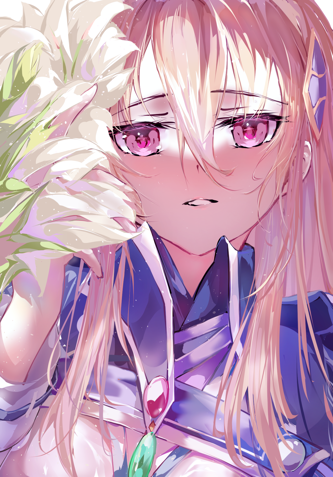 fuuka koji, shirakawa yuina, heaven burns red, white lily, highres, 1girl, blonde hair, blush, cape, flower, gem, hair between eyes, hair ornament, holding, holding flower, lily (flower), long hair, long sleeves, looking at viewer, parted lips, pink eyes, red eyes, shirt, solo, upper body, white flower