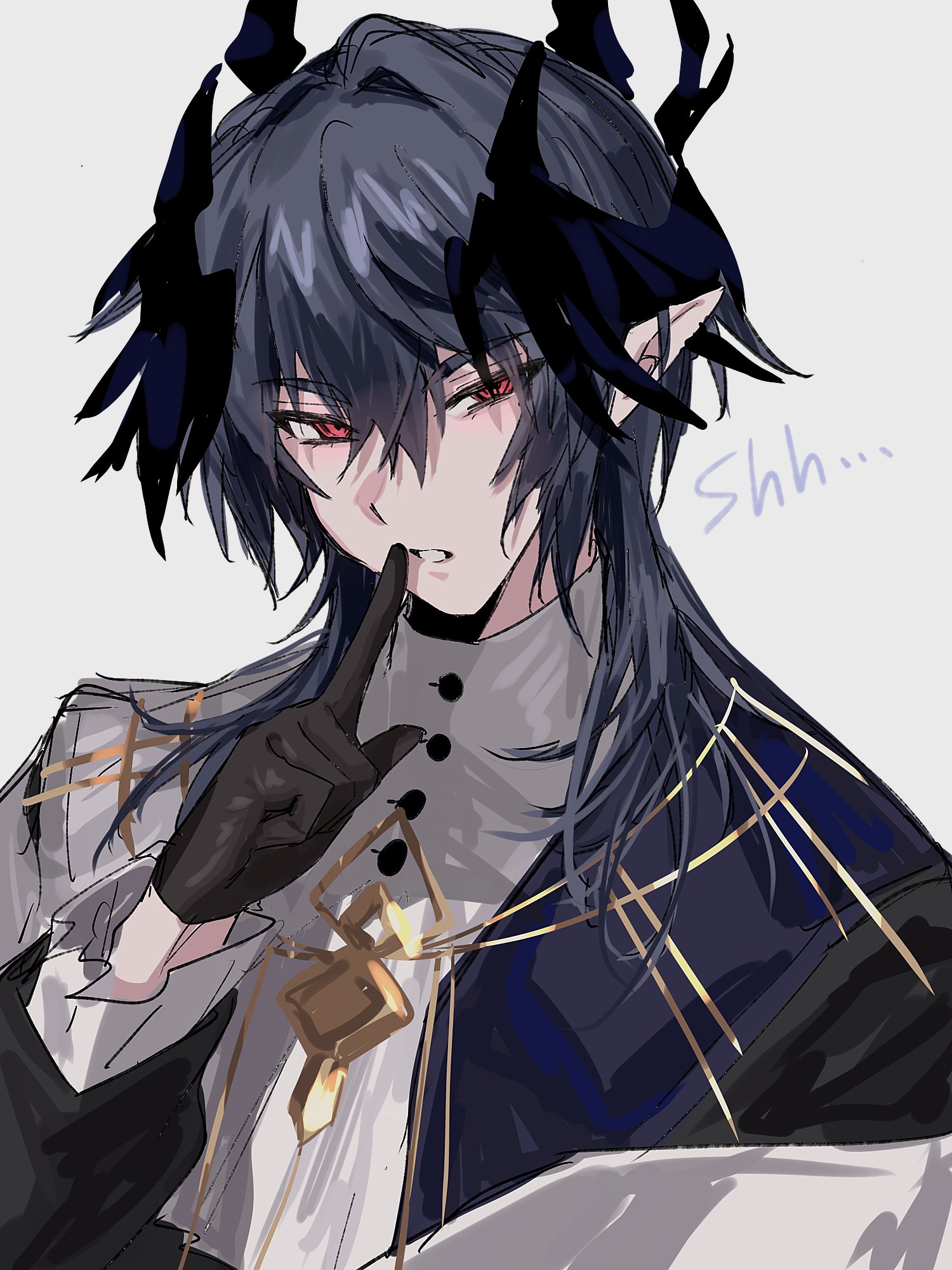 aogisa, logos (arknights), logos (radiant serenity) (arknights), ambience synesthesia, arknights, highres, …, 1boy, black gloves, black hair, black horns, black wings, buttons, demon boy, demon horns, demon wings, feathered wings, finger to mouth, formal clothes, gloves, grey background, hair between eyes, hand up, head wings, horns, index finger raised, long sleeves, looking at viewer, male focus, medium hair, mole, mole under eye, narrowed eyes, parted lips, pointy ears, red eyes, shushing, simple background, solo, tsurime, upper body, wings