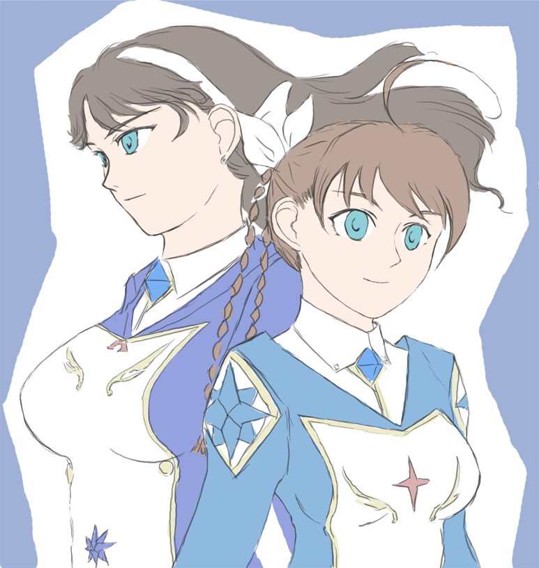 sakitama, arika yumemiya, lena sayers, my-otome, my-otome s.ifr, looking away, 00s, 2girls, ahoge, blue gemstone, breasts, brooch, closed mouth, flat color, floating hair, gem, hair ribbon, hairband, jewelry, long hair, looking afar, looking at viewer, medium breasts, meister otome uniform, multiple girls, ribbon, short hair, smile, upper body, white hairband, white ribbon
