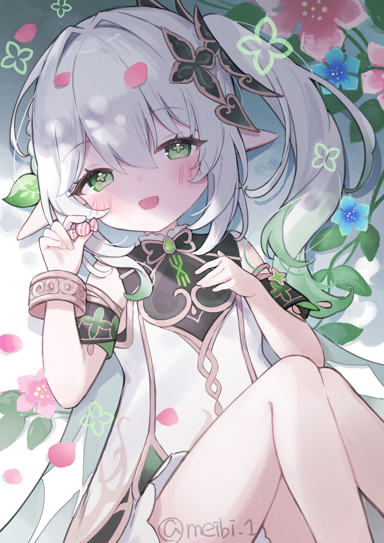 meibi 1, nahida (genshin impact), genshin impact, commentary request, highres, revision, 1girl, :d, bare shoulders, bloomers, blue flower, blush, bracelet, candy, detached sleeves, dress, flower, food, gold trim, gradient hair, green eyes, green hair, green sleeves, hair between eyes, hair ornament, holding, holding candy, holding food, jewelry, leaf hair ornament, long hair, looking at viewer, lying, multicolored hair, on back, open mouth, pink flower, pointy ears, side ponytail, sleeveless, sleeveless dress, smile, solo, symbol-shaped pupils, underwear, white bloomers, white dress, white hair