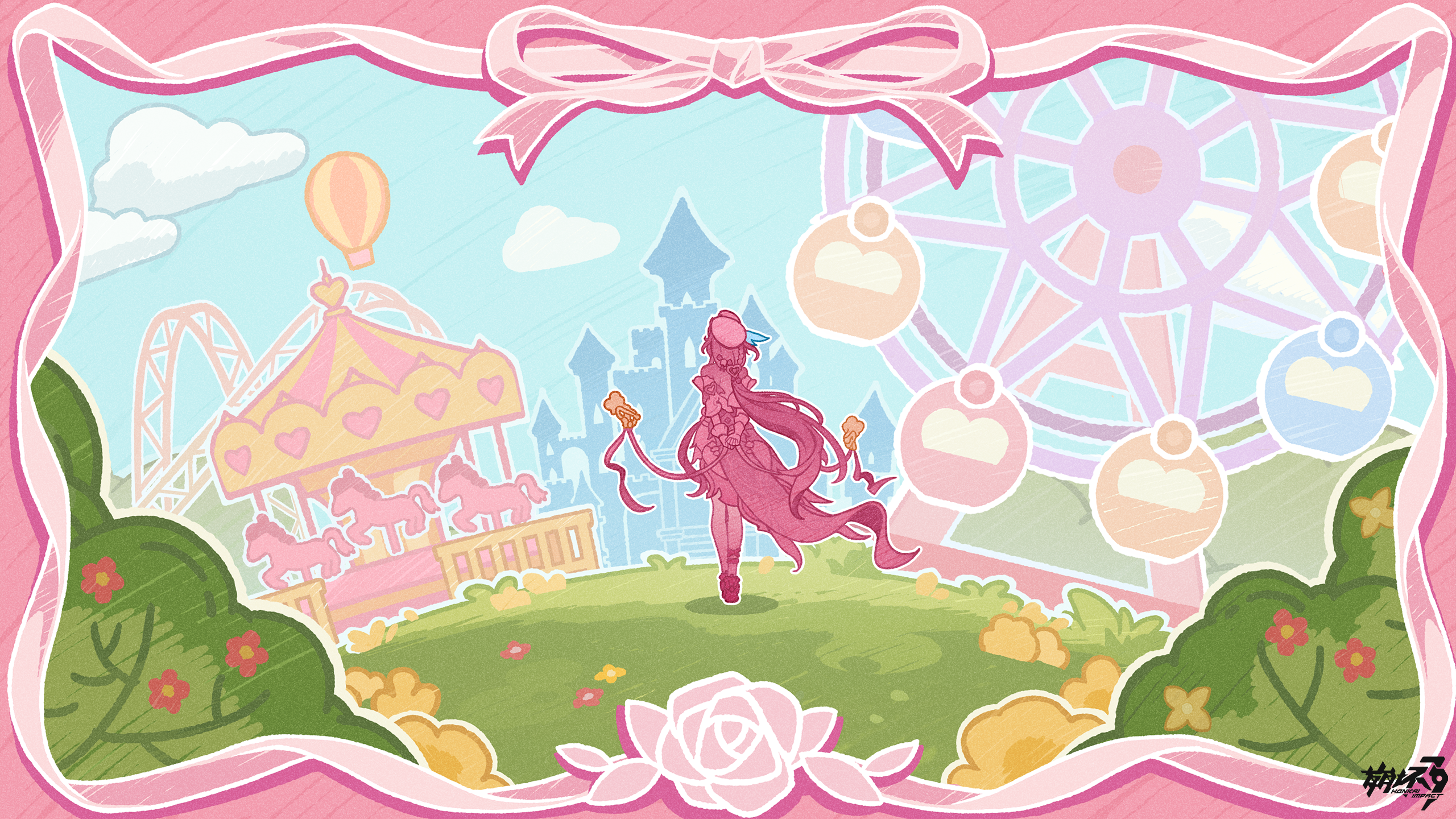 elysia (hi love elf) (honkai impact), elysia (honkai impact), honkai (series), honkai impact 3rd, chinese commentary, commentary request, game cg, highres, official art, 1girl, amusement park, beret, blue sky, carousel, dress, grass, hat, long hair, outdoors, pink hair, sky, solo, very long hair