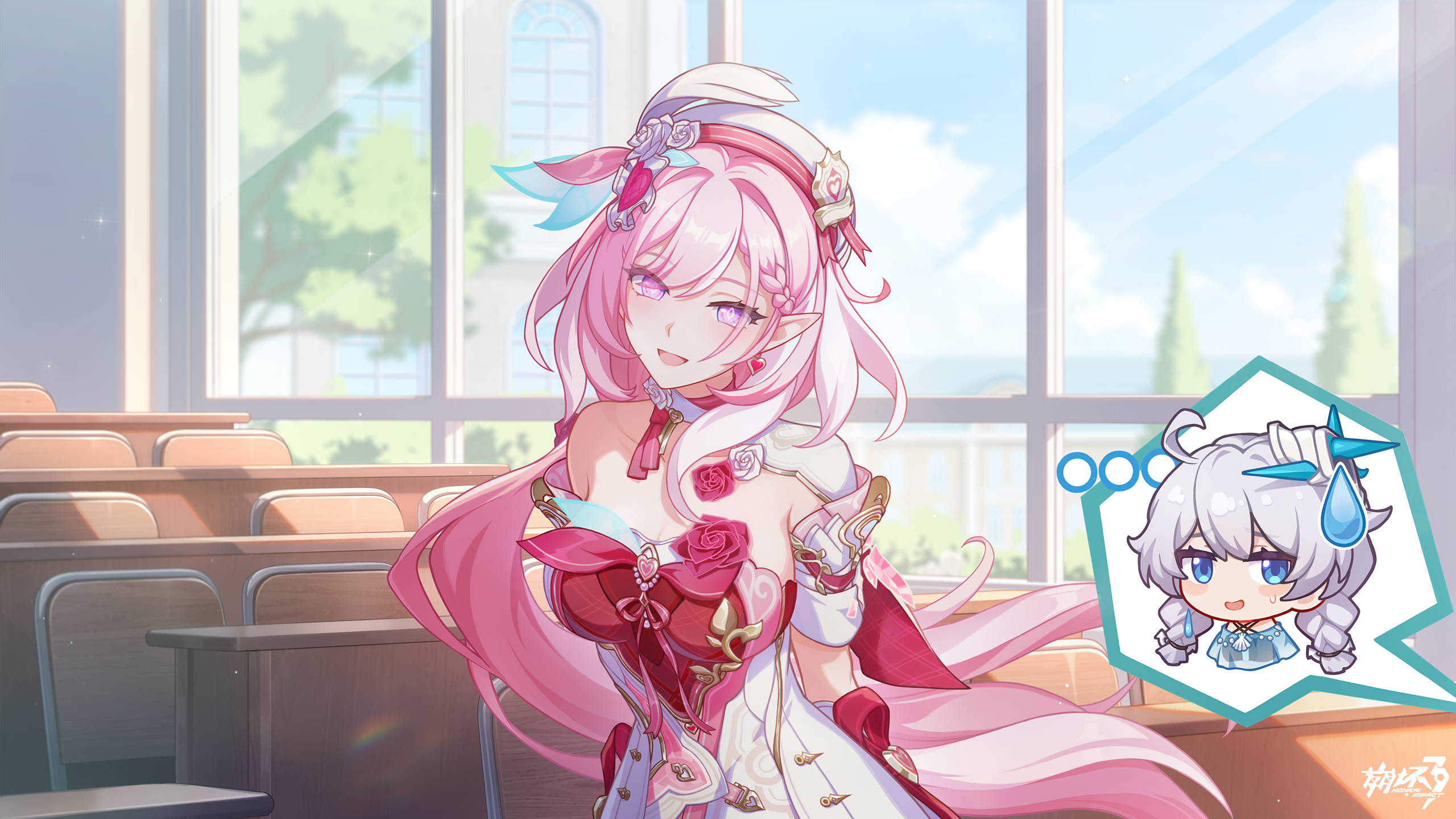 elysia (hi love elf) (honkai impact), elysia (honkai impact), kiana kaslana, honkai (series), honkai impact 3rd, game cg, highres, official art, 2girls, ahoge, beret, braid, breasts, chair, classroom, cleavage, diamond-shaped pupils, diamond (shape), dress, earrings, elf, hat, heart, heart earrings, indoors, jewelry, large breasts, long hair, multicolored hair, multiple girls, pink hair, pointy ears, purple eyes, red dress, school chair, sweatdrop, symbol-shaped pupils, twin braids, two-tone dress, two-tone hair, very long hair, white dress, white hair