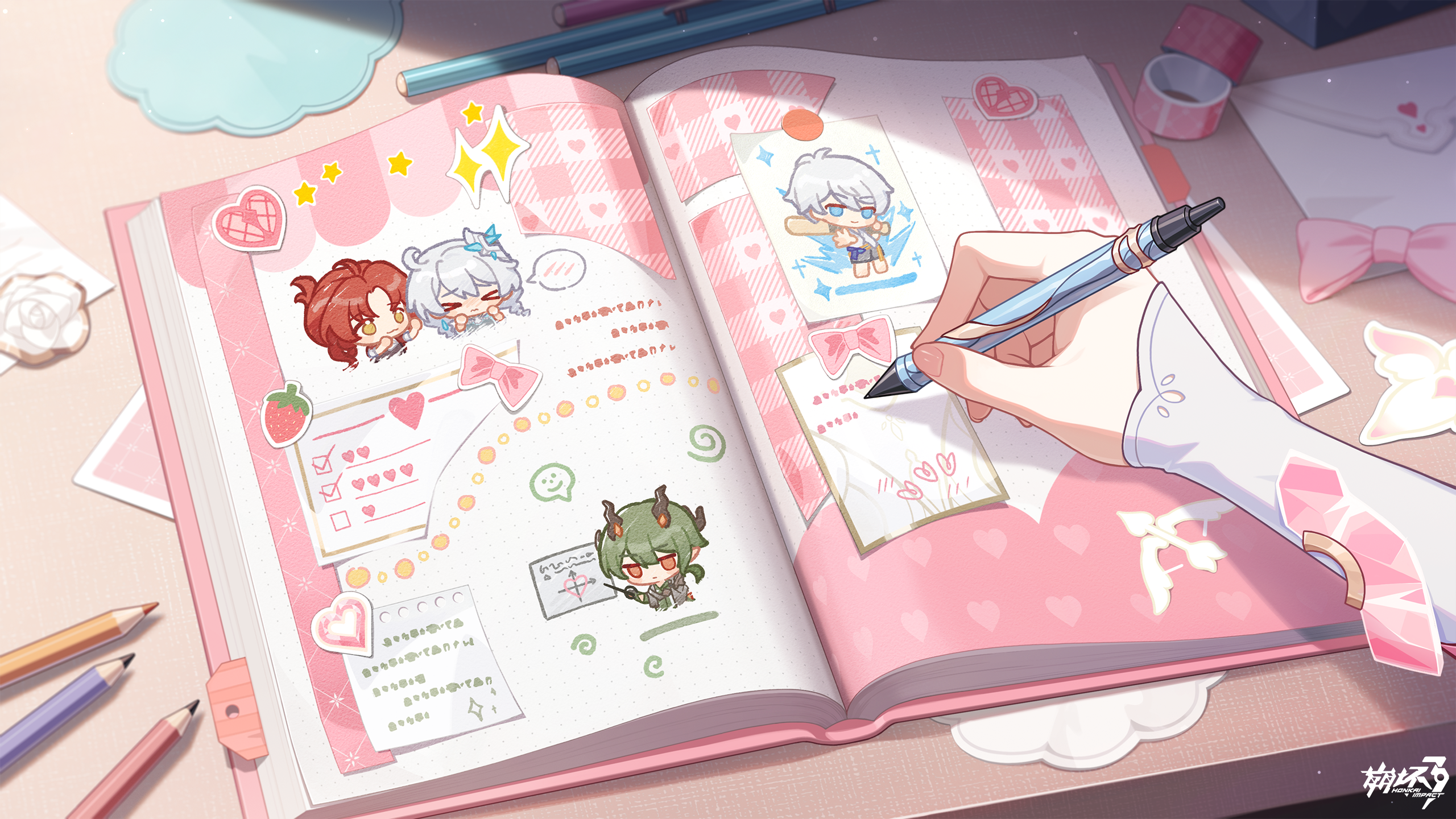 elysia (hi love elf) (honkai impact), elysia (honkai impact), kevin kaslana, kiana kaslana, kosma, murata himeko, honkai (series), honkai impact 3rd, chinese commentary, commentary request, game cg, highres, official art, 1girl, book, bow, bowtie, desk, holding, holding pen, letter, open book, pen, pencil, pink bow, pink bowtie, solo