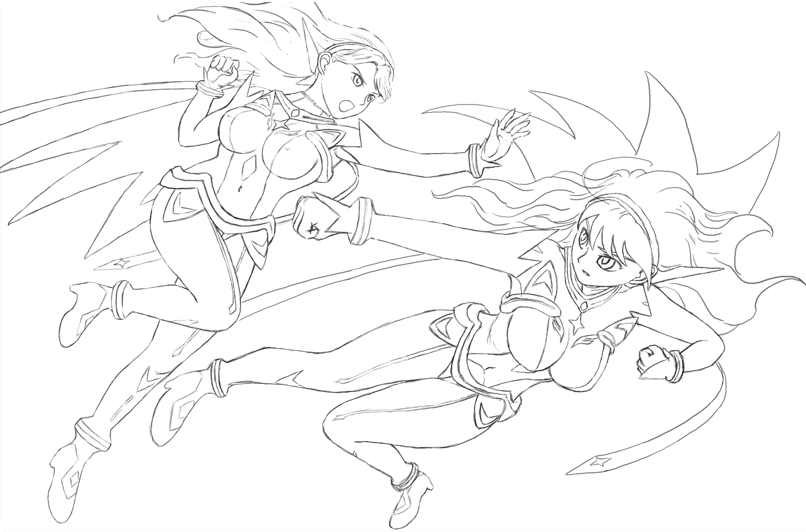 arika yumemiya, lena sayers, my-otome, my-otome s.ifr, uniform, highres, 00s, 2girls, alternate hairstyle, belt, buckle, clenched hand, fighting, full body, full moon, gloves, greyscale, lineart, long hair, monochrome, moon, multiple girls, navel, outstretched arms, stomach, thigh gap, twintails, very long hair, white background