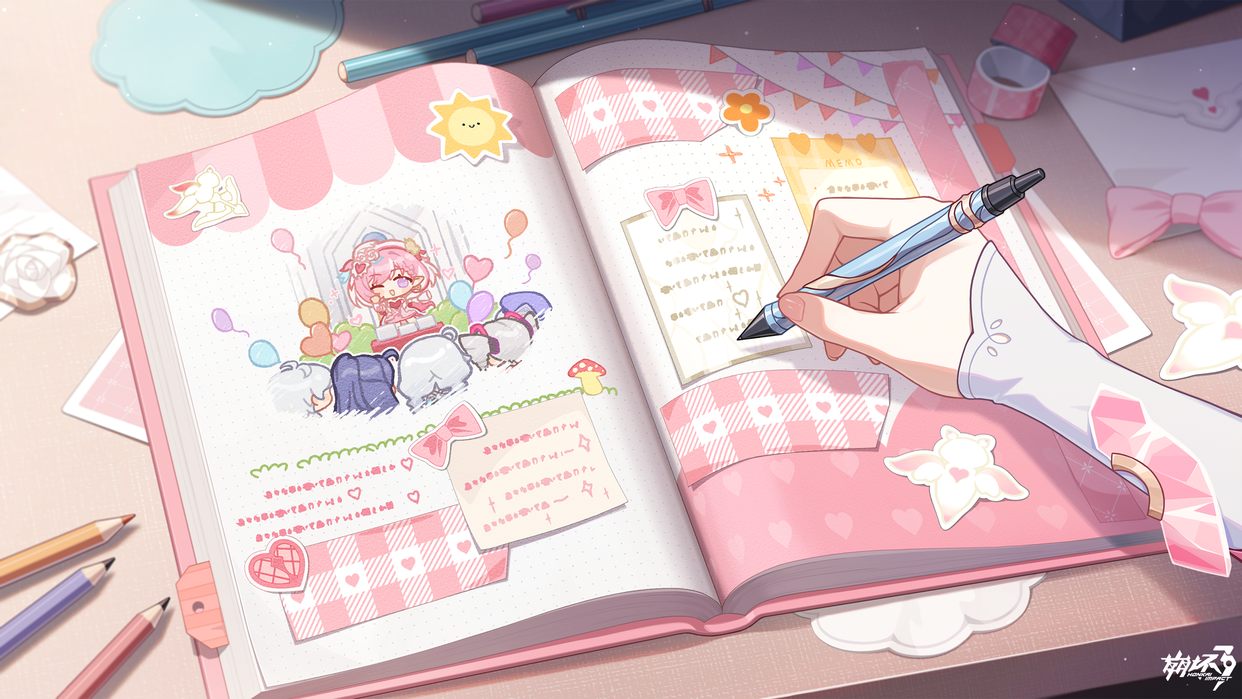 bronya zaychik, elysia (hi love elf) (honkai impact), elysia (honkai impact), kevin kaslana, kiana kaslana, raiden mei, honkai (series), honkai impact 3rd, chinese commentary, commentary request, game cg, highres, official art, 1girl, bow, bowtie, desk, holding, holding pen, letter, pen, pencil, pink bow, pink bowtie, solo