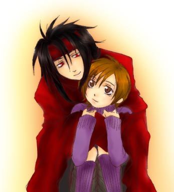 vincent valentine, yuffie kisaragi, final fantasy, final fantasy vii, lowres, 1990s (style), 1boy, 1girl, black hair, brown hair, couple, hetero, hug, hug from behind, long hair, short hair, smile