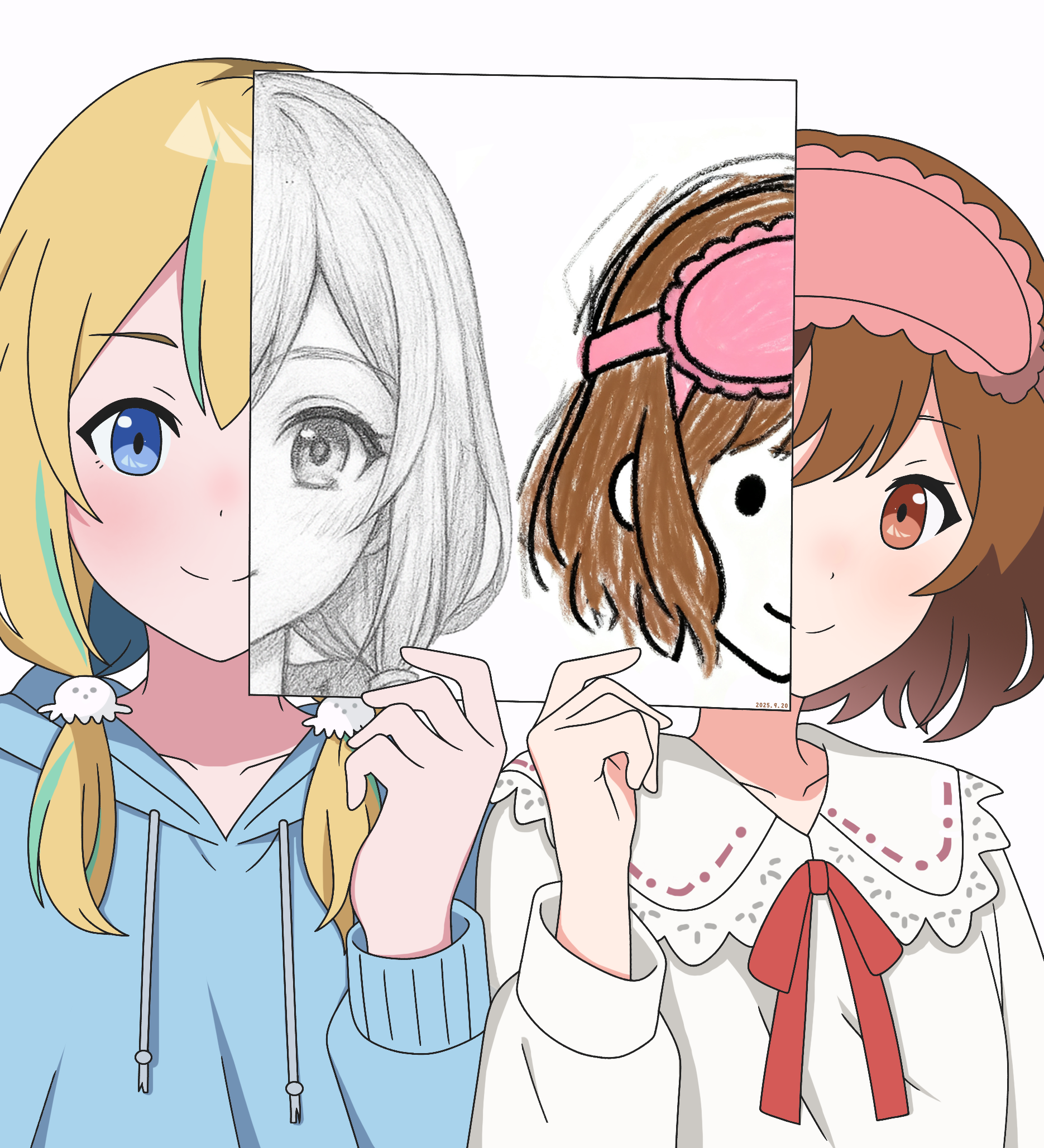 kouzuki mahiru, yamanouchi kano, yoru no kurage wa oyogenai, commentary request, highres, 2girls, blonde hair, blue hoodie, brown hair, dan yui, drawing (object), holding, hood, hood down, hoodie, long hair, long sleeves, looking at viewer, low twintails, mask, mask on head, multicolored hair, multiple girls, red ribbon, ribbon, roots (hair), shirt, short hair, simple background, twintails, upper body, white background, white shirt