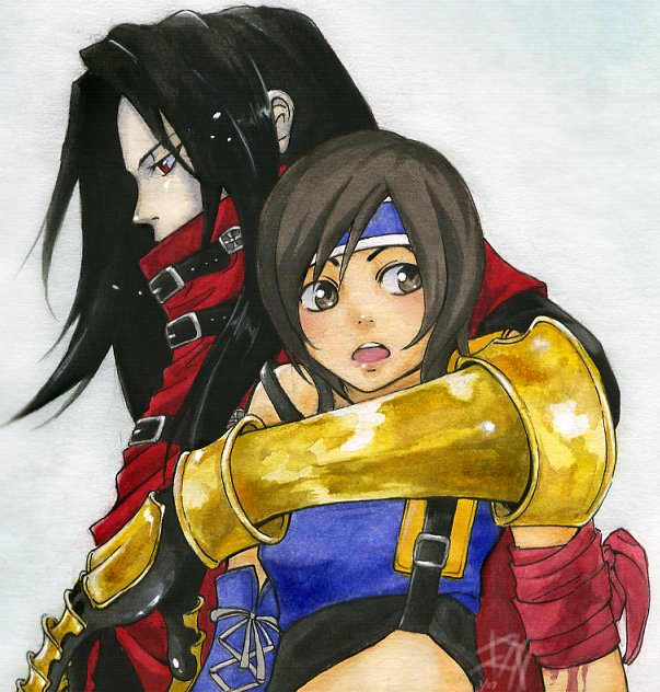 ninja (final fantasy), vincent valentine, yuffie kisaragi, dirge of cerberus final fantasy vii, final fantasy, final fantasy vii, 1990s (style), 1boy, 1girl, bandages, black hair, brown eyes, brown hair, couple, hetero, hug, long hair, ninja, red eyes, short hair