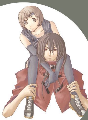 ninja (final fantasy), vincent valentine, yuffie kisaragi, final fantasy, final fantasy vii, final fantasy vii advent children, artist request, lowres, 00s, 1990s (style), 1boy, 1girl, black hair, brown eyes, brown hair, carry on shoulders, carrying, couple, hetero, long hair, ninja, red eyes, short hair, shoulder carry, thighhighs