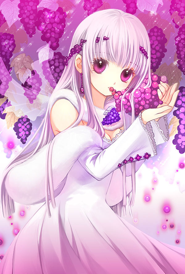 shirahane nao, original, bad id, bad pixiv id, 1girl, detached sleeves, dress, eating, female focus, food, fruit, grapes, holding, holding food, holding fruit, long hair, purple eyes, solo, white hair