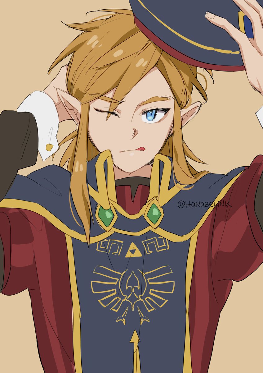 hanaberin, link, nintendo, the legend of zelda, the legend of zelda: breath of the wild, highres, 1boy, beret, blonde hair, blue eyes, hand in own hair, hat, jewelry, long hair, one eye closed, pointy ears, royal guard set (zelda), sidelocks, simple background, solo, tongue, tongue out, triforce, triforce print, twitter username, upper body