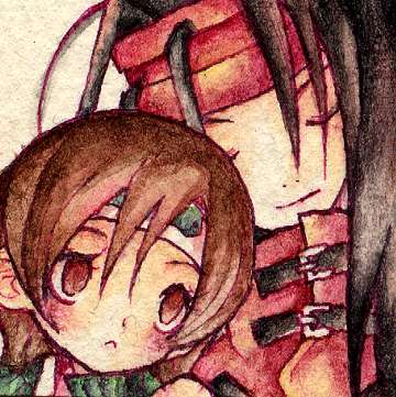 vincent valentine, yuffie kisaragi, final fantasy, final fantasy vii, lowres, 1990s (style), 1boy, 1girl, black hair, blush, brown hair, closed eyes, couple, hetero, short hair, sleeveless, sleeveless turtleneck, turtleneck