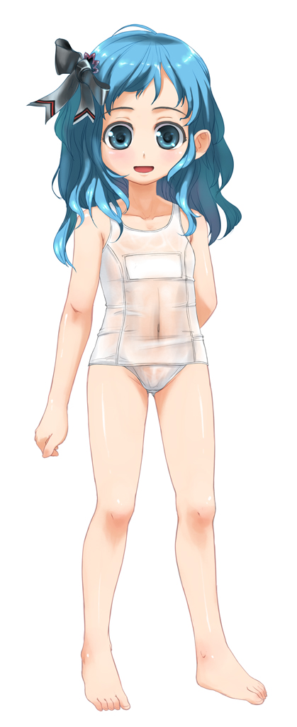 observerz, bad id, barefoot, blue eyes, blue hair, feet, flat chest, hair ribbon, loli, long hair, one-piece swimsuit, ribbon, school swimsuit, see-through clothes, solo, swimsuit, white one-piece swimsuit, white school swimsuit