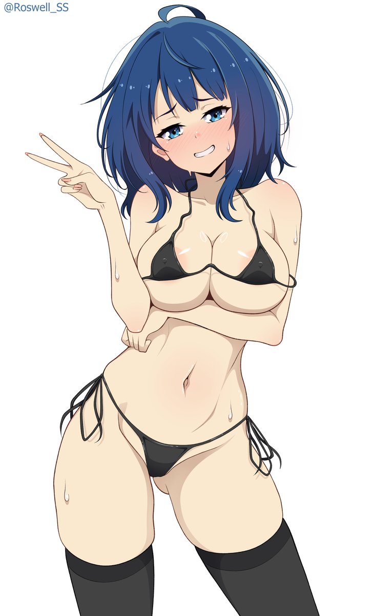 roswell ss, yanami anna, make heroine ga oo sugiru!, commentary, highres, paid reward available, 1girl, ahoge, areola slip, arm under breasts, artist name, black bra, black panties, black thighhighs, blue eyes, blue hair, bra, breasts, collarbone, covered erect nipples, cowboy shot, gluteal fold, grin, large breasts, medium hair, navel, panties, side-tie panties, simple background, skindentation, smile, solo, standing, stomach, sweat, thighhighs, thighs, underwear, v, white background