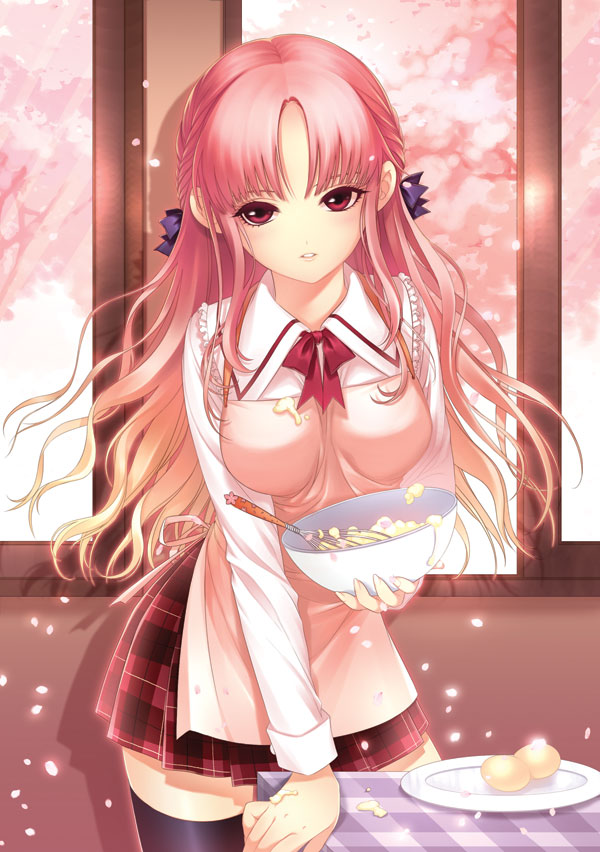 shirahane nao, original, bad id, bad pixiv id, 1girl, apron, breasts, cooking, egg, female focus, indoors, long hair, pink hair, plaid clothes, plaid skirt, pleated skirt, red eyes, school uniform, skirt, solo, thighhighs, zettai ryouiki