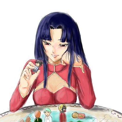 iriza, wang liu mei, gundam, gundam 00, lowres, 00s, 1girl, black hair, breasts, cleavage, doll, female focus, long hair, long sleeves, sidelocks, simple background, solo, upper body, white background