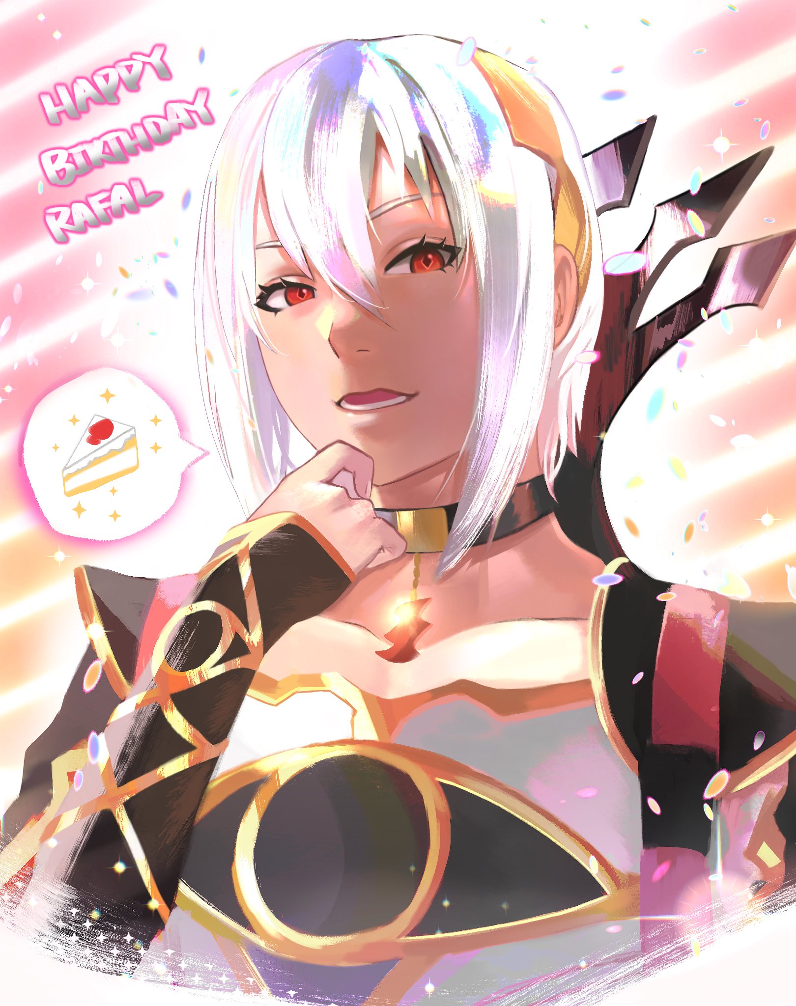 rafal (fire emblem), fire emblem, fire emblem engage, nintendo, highres, 1boy, cake, character name, dragon boy, food, happy birthday, looking at viewer, male focus, open mouth, red eyes, solo, speech bubble, upper body, white hair, yowangs
