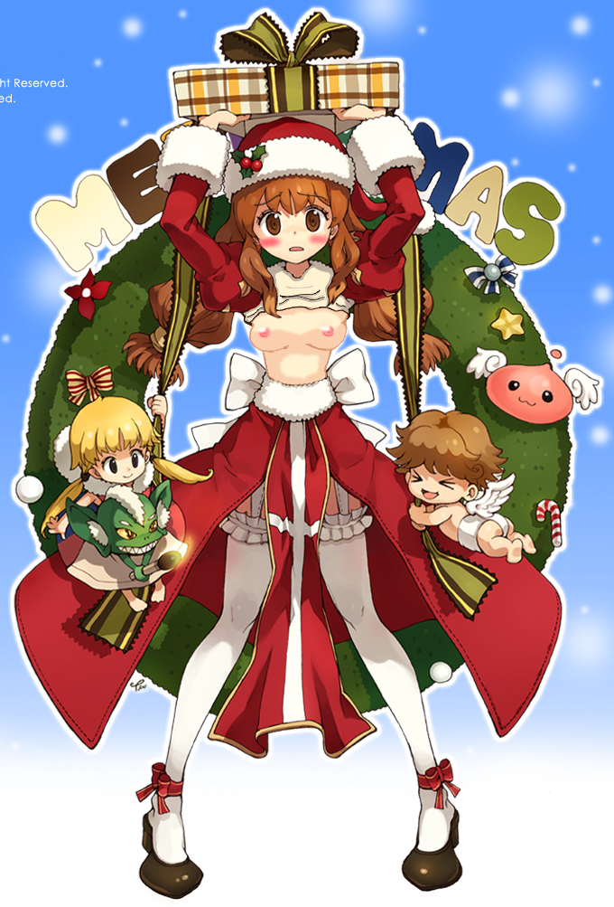 tiv, high priest (ragnarok online), ragnarok online, frilled legwear, white legwear, nude filter, third-party edit, > <, 1boy, 2girls, :d, angel wings, blonde hair, blush, breasts, brown hair, christmas, christmas wreath, closed eyes, cross, frills, gift, hat, holding, holding gift, holly, legs, multiple girls, open mouth, orange hair, ribbon, santa costume, santa hat, shoes, small breasts, smile, standing, suspenders, thighhighs, twintails, wings, wreath, xd