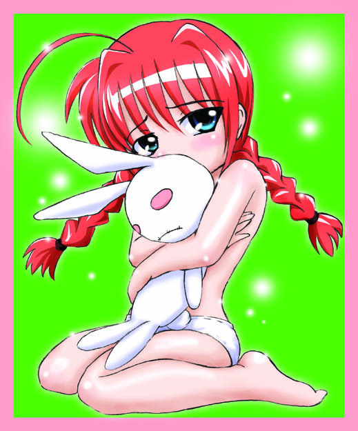 vita (nanoha), lyrical nanoha, mahou shoujo lyrical nanoha, 00s, 1girl, bare shoulders, border, braid, collarbone, female focus, hugging object, long hair, looking at viewer, panties, solo, stuffed animal, stuffed rabbit, stuffed toy, twin braids, underwear