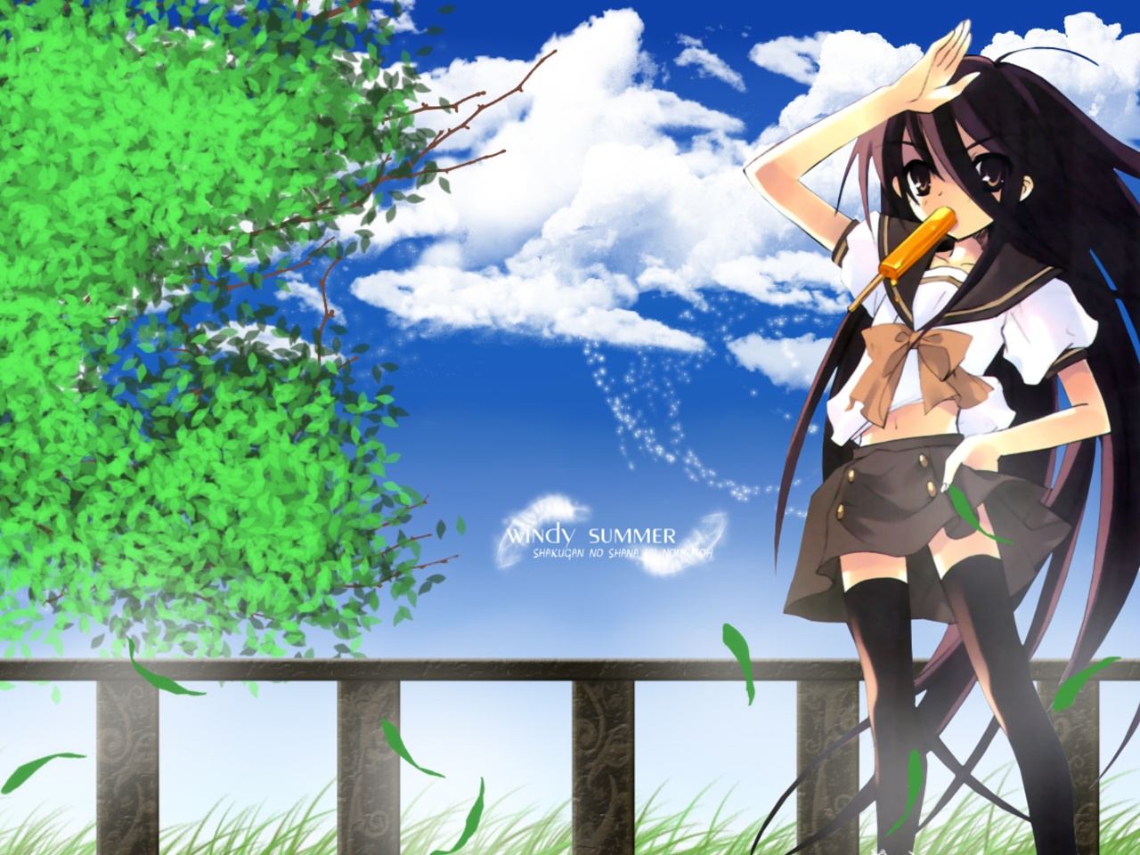 ito noizi, shana, shakugan no shana, non-web source, 00s, black hair, brown eyes, food, long hair, popsicle, school uniform, solo, thighhighs, very long hair
