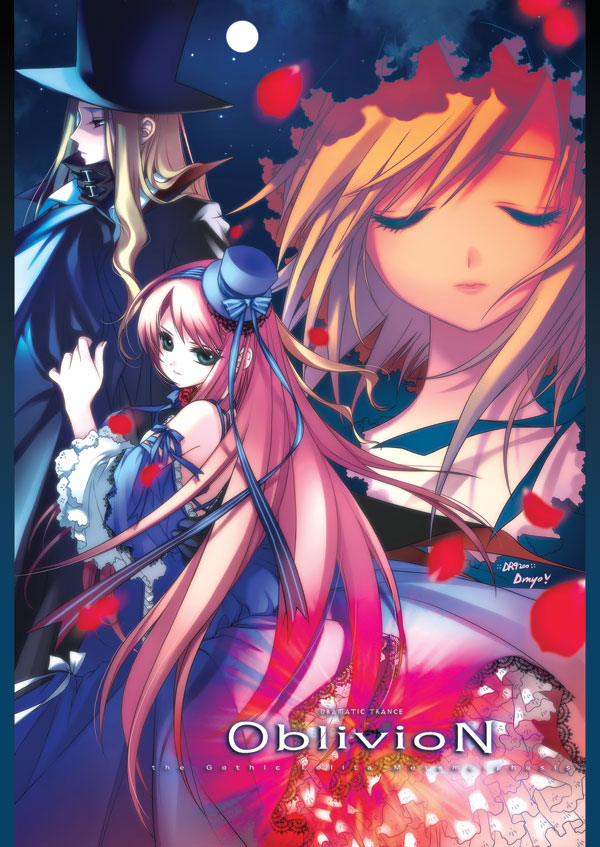 shirahane nao, camilia (djmax), preiya (djmax), djmax, djmax portable, bad id, bad pixiv id, 3girls, belt, belth, blonde hair, cloak, closed eyes, coat, dress, flower, frills, gathers, gothic lolita, gown, green eyes, hat, lace, lips, lolita fashion, long hair, looking back, mini hat, mini top hat, moon, multiple girls, night, petals, pink hair, preiya, red eyes, ribbon, rose, rose petals, signature, star (symbol), top hat, white hair