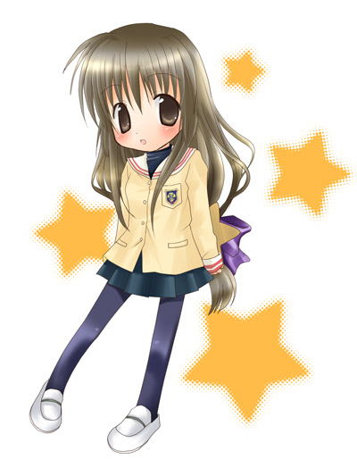 ibuki fuuko, clannad, 00s, 1girl, black pantyhose, black skirt, blush, brown eyes, brown hair, female focus, full body, jacket, long hair, long sleeves, looking at viewer, miniskirt, open mouth, pantyhose, pleated skirt, school uniform, shoes, skirt, solo, star (symbol), white shoes