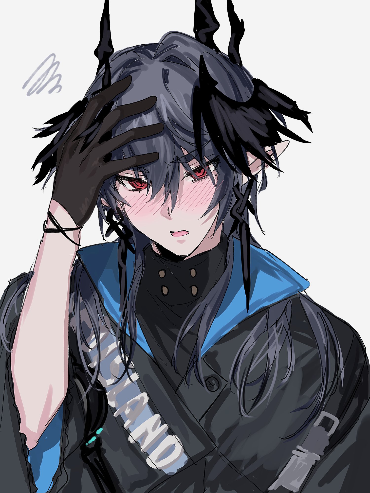 aogisa, logos (arknights), arknights, commentary request, highres, 1boy, black gloves, black hair, black horns, black jacket, black wings, blush, buttons, clothes writing, demon boy, demon horns, demon wings, double-breasted, earrings, embarrassed, feathered wings, furrowed brow, gloves, grey background, hair between eyes, hair intakes, hand on own head, head wings, horns, jacket, jewelry, long hair, long sleeves, looking at viewer, male focus, mole, mole under eye, nose blush, open mouth, pointy ears, red eyes, simple background, solo, squiggle, thick eyebrows, tsurime, turtleneck, two-sided fabric, wide sleeves, wings