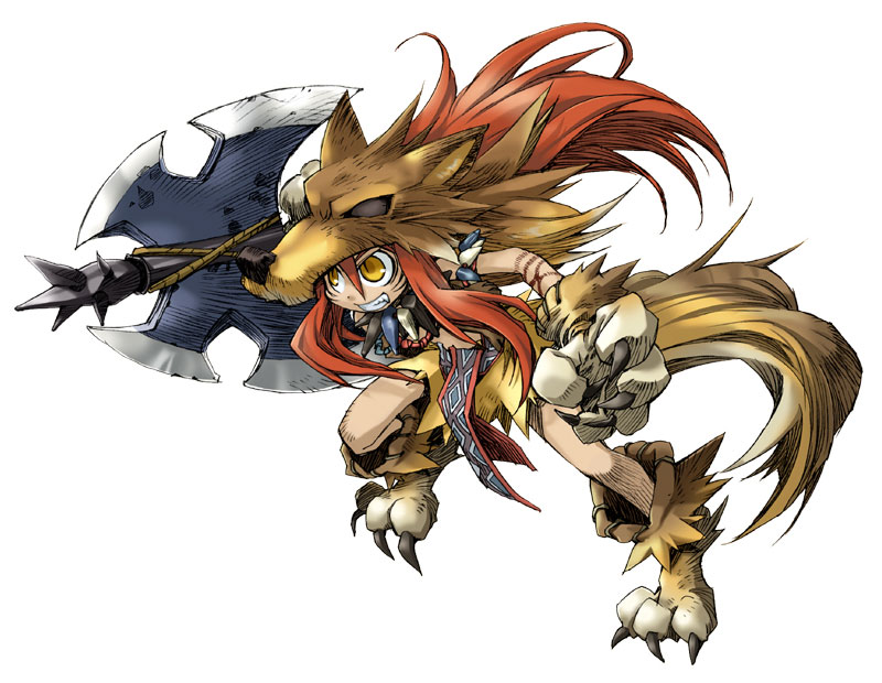 kiyuzuki satoko, bandit, yggdra union, official art, axe, red hair, solo, weapon, wolf, yellow eyes