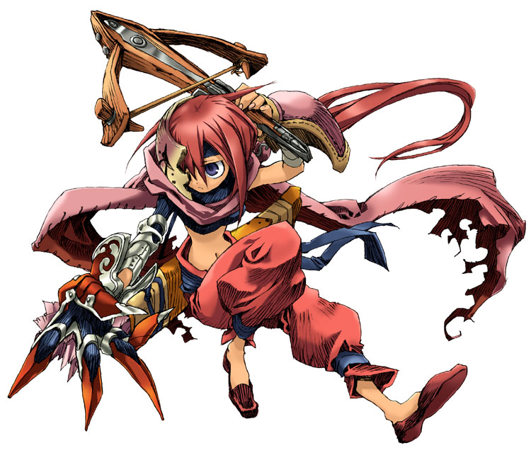 kiyuzuki satoko, assassin (yggdra union), yggdra union, official art, assassin, blue eyes, bow (weapon), claws, crossbow, mask, midriff, red hair, scarf, solo, weapon