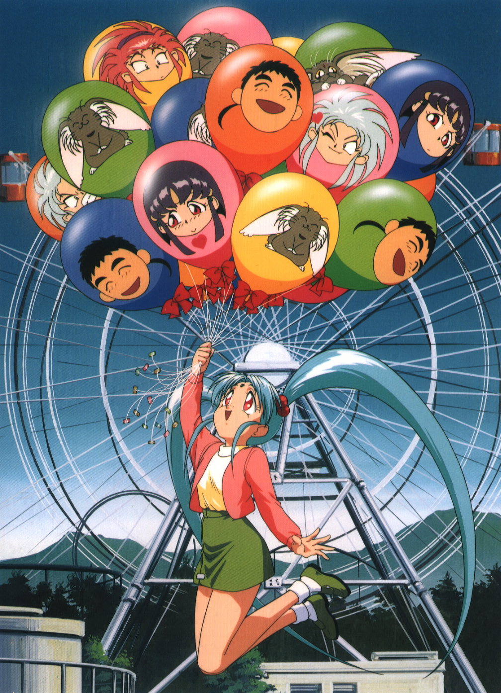 masaki sasami jurai, tenchi muyou!, highres, scan, scan artifacts, 1990s (style), 1girl, balloon, blue hair, facial mark, ferris wheel, forehead mark, freckles, heart, jumping, long hair, red eyes, retro artstyle, sky, tree, twintails, very long hair