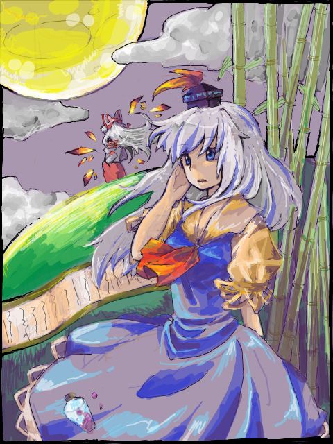 kuzumiya yuyu, fujiwara no mokou, kamishirasawa keine, touhou, silver hair, 2girls, ascot, bamboo, blue dress, dress, female focus, floating hair, from behind, full moon, hat, looking at viewer, moon, multiple girls, puffy short sleeves, puffy sleeves, short sleeves, standing, tate eboshi, wavy hair, wind