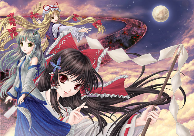 yuki shuuka, hakurei reimu, kochiya sanae, yakumo yukari, touhou, 3girls, blonde hair, bow, cloud, female focus, full moon, gohei, hair bow, hat, holding, long hair, looking at viewer, low-tied long hair, mob cap, moon, multi-tied hair, multiple girls, nontraditional miko, oonusa, red bow, red eyes, very long hair, vest