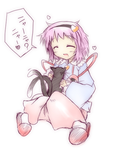 ai takurou, kaenbyou rin, kaenbyou rin (cat), komeiji satori, touhou, ^o^, 1girl, ^ ^, animal, blush, cat, closed eyes, female focus, full body, hairband, headpat, heart, multiple tails, on lap, pink hair, simple background, slippers, solo, speech bubble, string, tail, talking, text focus, third eye, two tails, white background