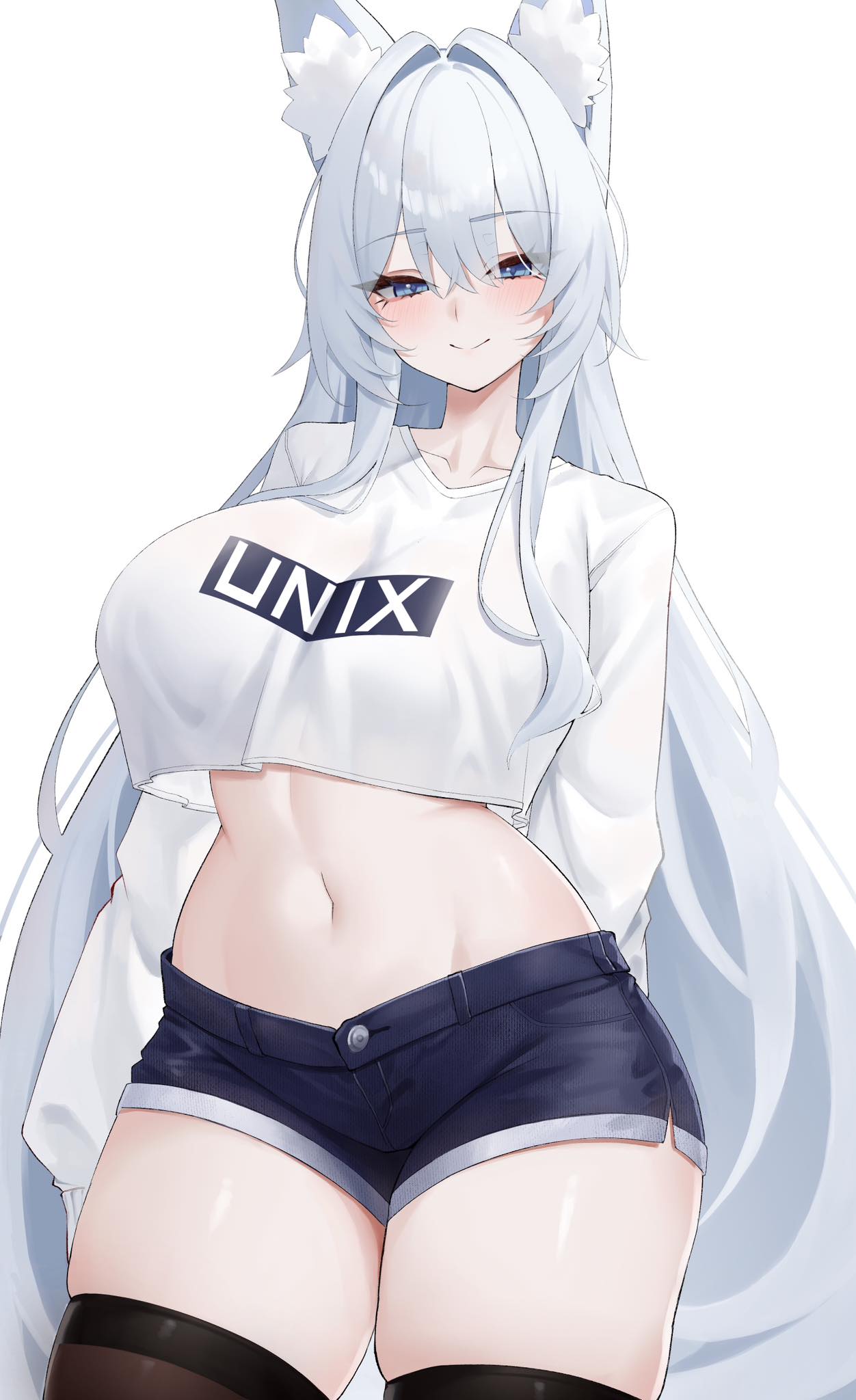 first one14, original, commentary, highres, symbol-only commentary, 1girl, animal ear fluff, animal ears, arms behind back, black thighhighs, blue eyes, blue shorts, blush, breasts, closed mouth, collarbone, cropped shirt, fox ears, fox girl, grey hair, hair between eyes, huge breasts, long hair, long sleeves, looking at viewer, navel, shirt, short shorts, shorts, simple background, smile, solo, stomach, thighhighs, thighs, very long hair, white background, white shirt