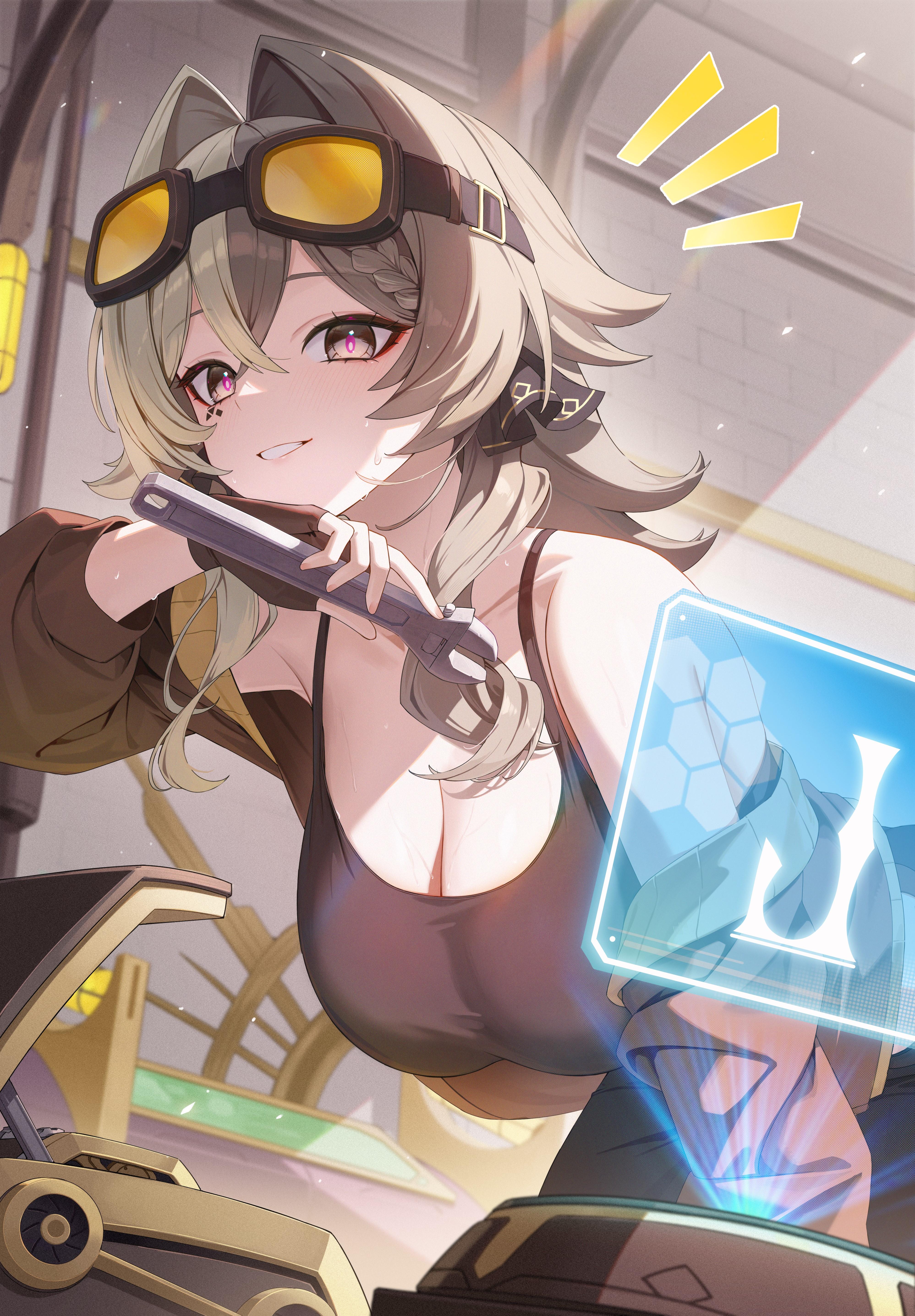vill-v, honkai (series), honkai impact 3rd, absurdres, commentary, english commentary, highres, second-party source, 1girl, bare shoulders, black gloves, black tank top, breasts, brown eyes, cleavage, facial mark, fingerless gloves, g.h (dkxlek), gloves, goggles, goggles on head, guest art, hair between eyes, hair intakes, holding, holding wrench, holographic interface, indoors, kneeling, large breasts, light blush, long hair, long sleeves, looking at viewer, mark under eye, notice lines, official alternate costume, parted lips, red pupils, single bare shoulder, single off shoulder, smile, solo, sweat, tank top, wrench