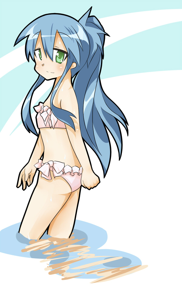shing (sorairo factory), izumi kanata, lucky star, 00s, 1girl, alternate hairstyle, bikini, blue hair, female focus, flat chest, green eyes, long hair, ponytail, solo, swimsuit, wading, water