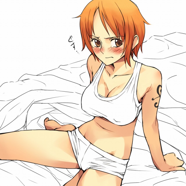 mosha, nami (one piece), one piece, unfinished, 1girl, barefoot, bed, blush, breasts, brown eyes, covered erect nipples, feet, female focus, large breasts, micro shorts, midriff, orange hair, short hair, short shorts, shorts, solo, tattoo