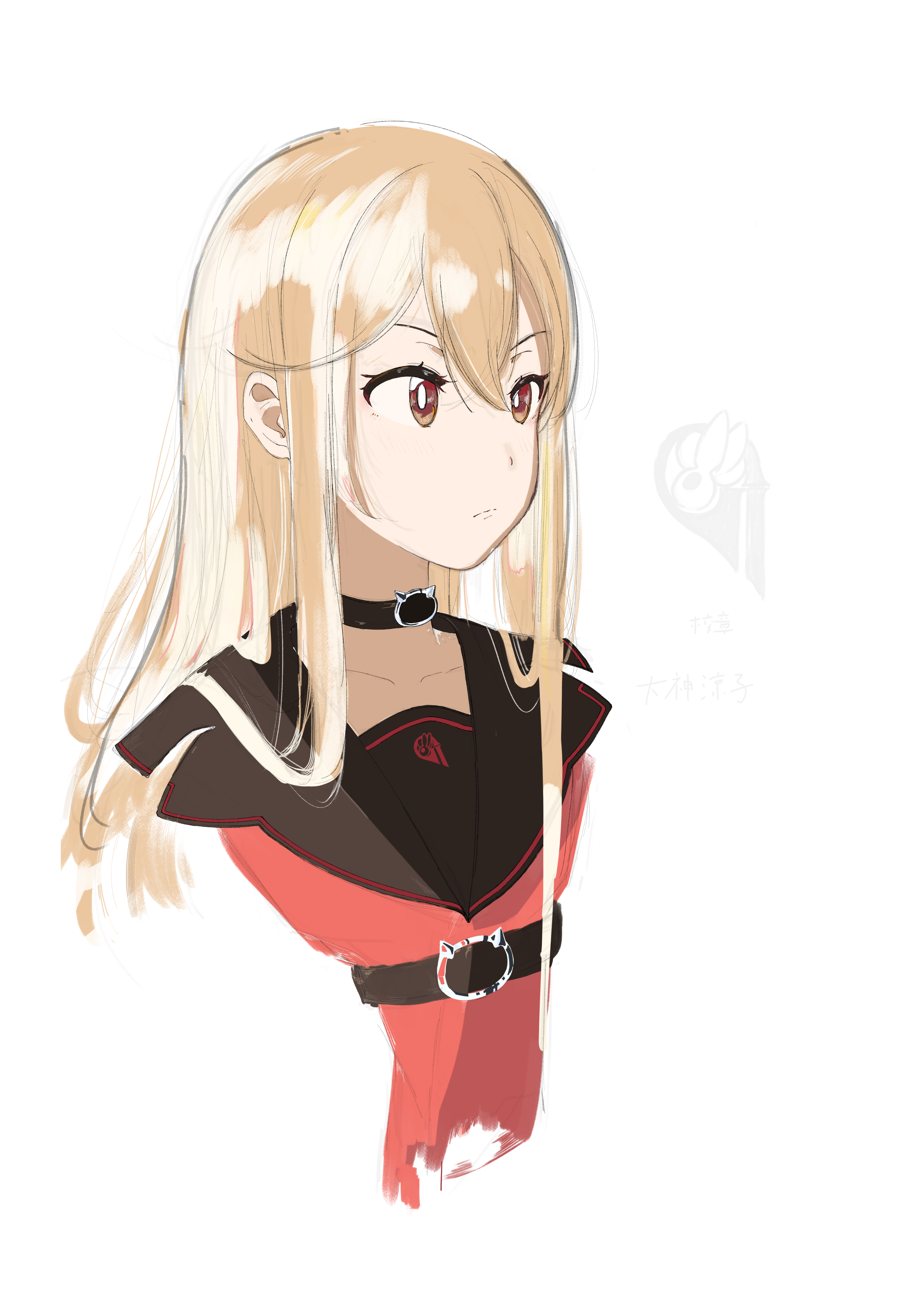 ookami ryouko, ookami-san, absurdres, commentary request, highres, partial commentary, 1girl, black choker, black sailor collar, bright pupils, brown eyes, brown hair, choker, closed mouth, collarbone, cropped torso, double-parted bangs, frown, hair between eyes, hair flowing over, komai (komai 005), long hair, looking ahead, neckerchief, red neckerchief, sailor collar, school emblem, school uniform, sidelocks, simple background, solo, v-shaped eyebrows, white background, white pupils