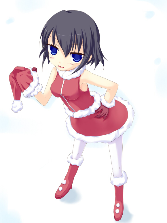 kuro (be ok), original, 1girl, black hair, blue eyes, christmas, female focus, from above, hand on own hip, hip focus, leaning forward, pantyhose, santa costume, short hair, solo, white pantyhose