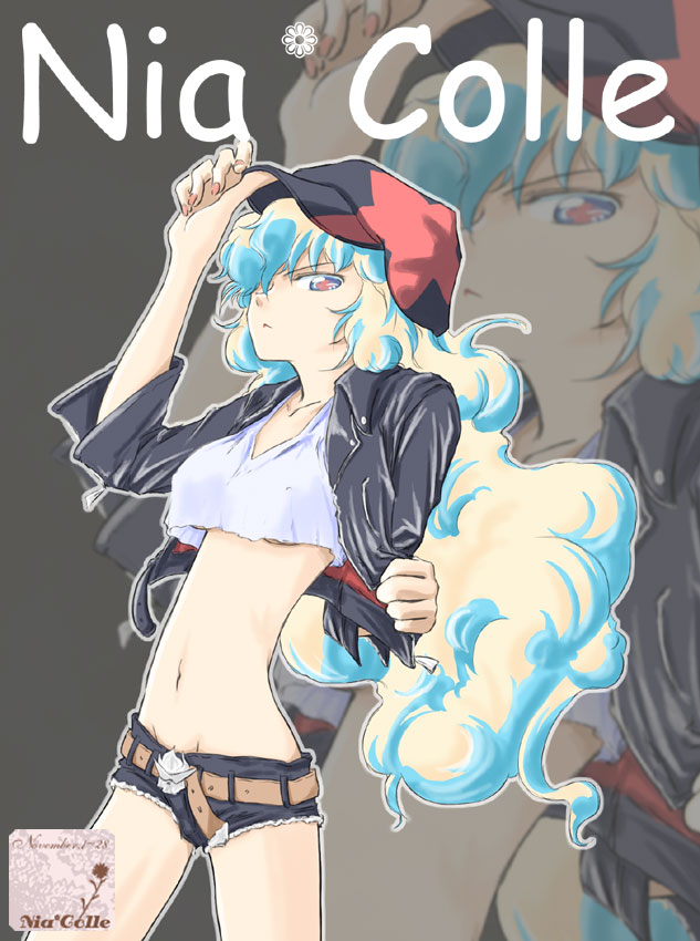 chiaki lsd, nia teppelin, gainax, tengen toppa gurren lagann, 00s, 1girl, belt buckle, breasts, buckle, crop top, crop top overhang, denim, denim shorts, female focus, hand on headwear, hat, jacket, looking down, medium breasts, midriff, multicolored hair, navel, nia colle, open clothes, open jacket, short shorts, shorts, solo, underboob, zoom layer