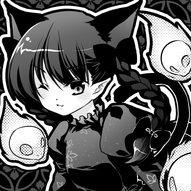 shinia, kaenbyou rin, touhou, 1girl, braid, female focus, greyscale, monochrome, solo, twin braids, upper body