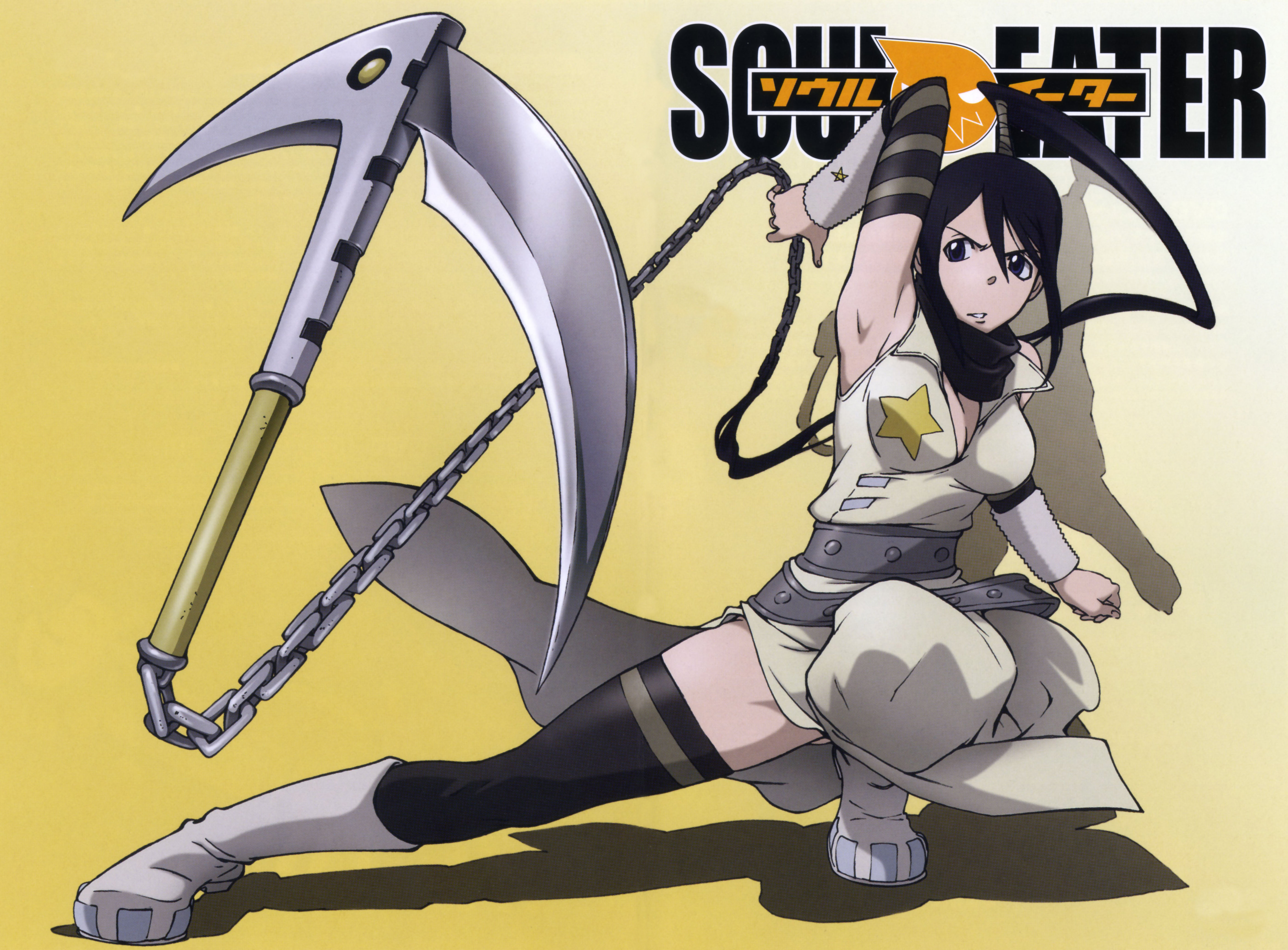 nakatsukasa tsubaki, soul eater, striped, absurdres, highres, official art, scan, 00s, 1girl, aiming, aiming at viewer, arm up, arm warmers, armpits, attack, belt, belt skirt, black eyes, black hair, boots, breasts, chain, chain scythe, cleavage, clenched hand, copyright name, detached sleeves, dress, female focus, fighting stance, foreshortening, fur trim, gradient background, hair between eyes, high ponytail, knee boots, kusarigama, large breasts, logo, looking at viewer, ninja, parted lips, personification, ponytail, scarf, serious, shadow, sickle, side slit, sleeveless, solo, squatting, star (symbol), studded belt, thighhighs, thighs, weapon, yellow background, zettai ryouiki