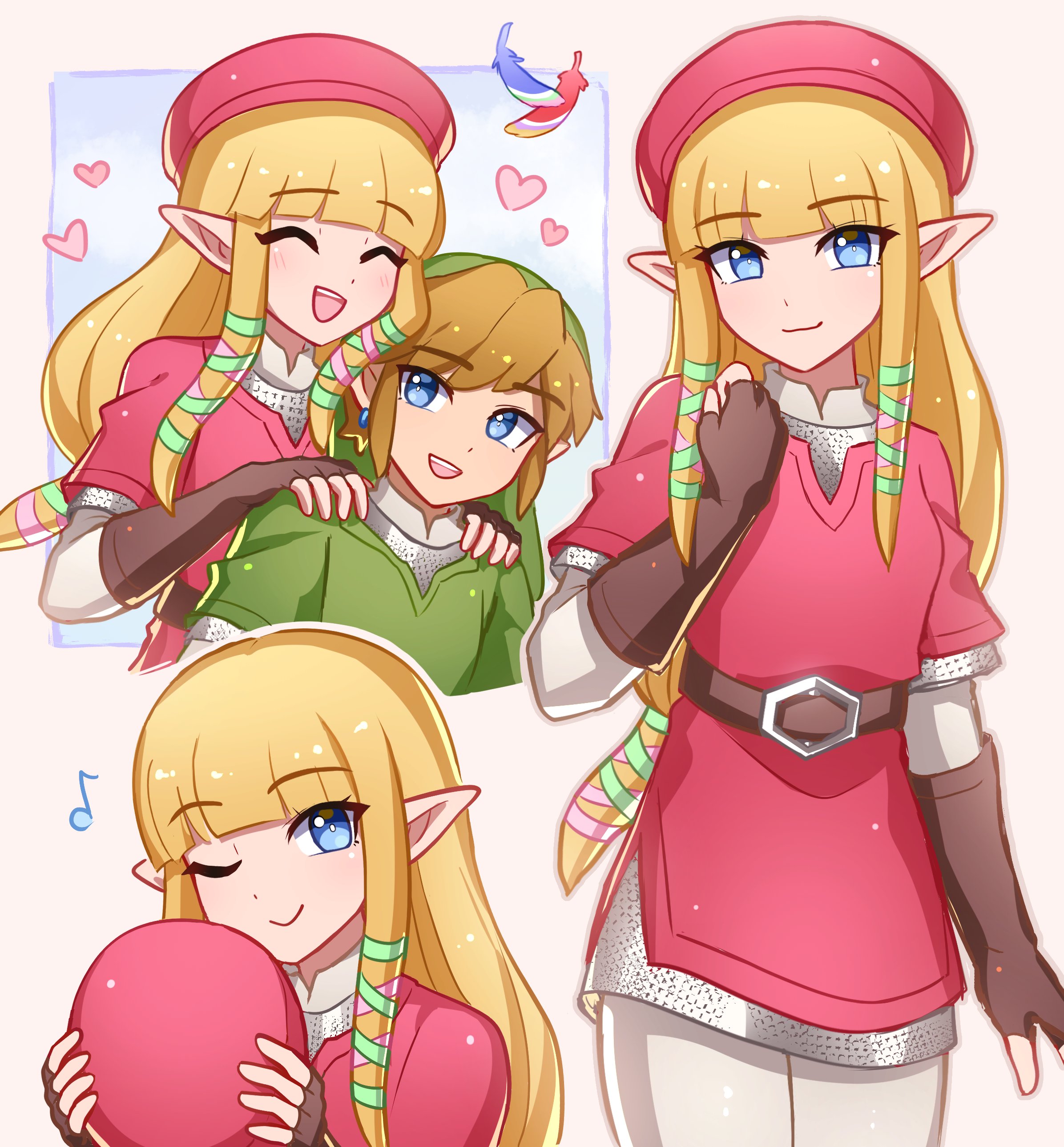 enni, link, princess zelda, nintendo, the legend of zelda, the legend of zelda: skyward sword, absurdres, commentary, english commentary, highres, 1boy, 1girl, alternate costume, belt, belt buckle, blonde hair, blue eyes, brown belt, brown gloves, brown hair, buckle, closed mouth, feathers, fingerless gloves, gloves, green hat, green shirt, hat, heart, long hair, looking at viewer, musical note, one eye closed, pink hat, pink shirt, pointy ears, shirt, short hair, smile, unworn hat, unworn headwear