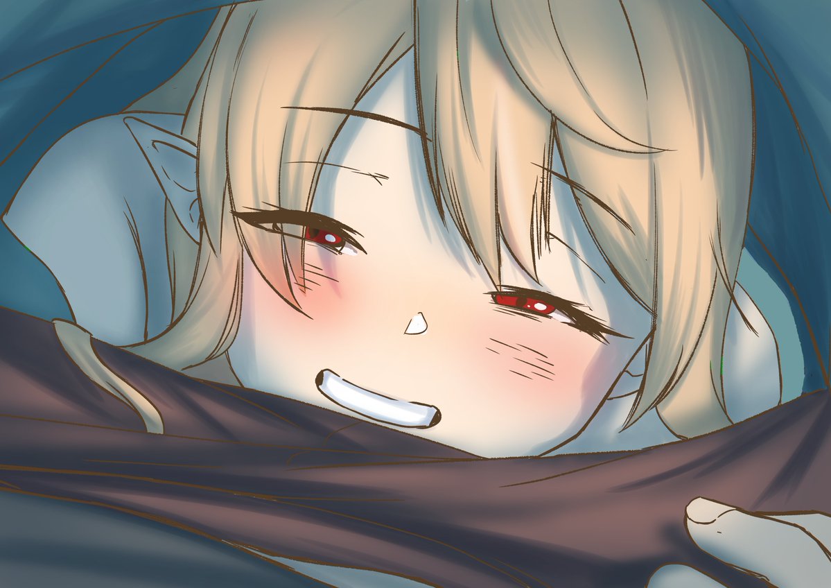 yarashi thought, pomu rainpuff, nijisanji, nijisanji en, 1boy, 1girl, bed sheet, blanket, blonde hair, blush, close-up, girl on top, grin, half-closed eyes, long hair, looking at viewer, lying, lying on person, pointy ears, pov, red eyes, shared bed, smile, solo, solo focus, teeth, under covers, virtual youtuber