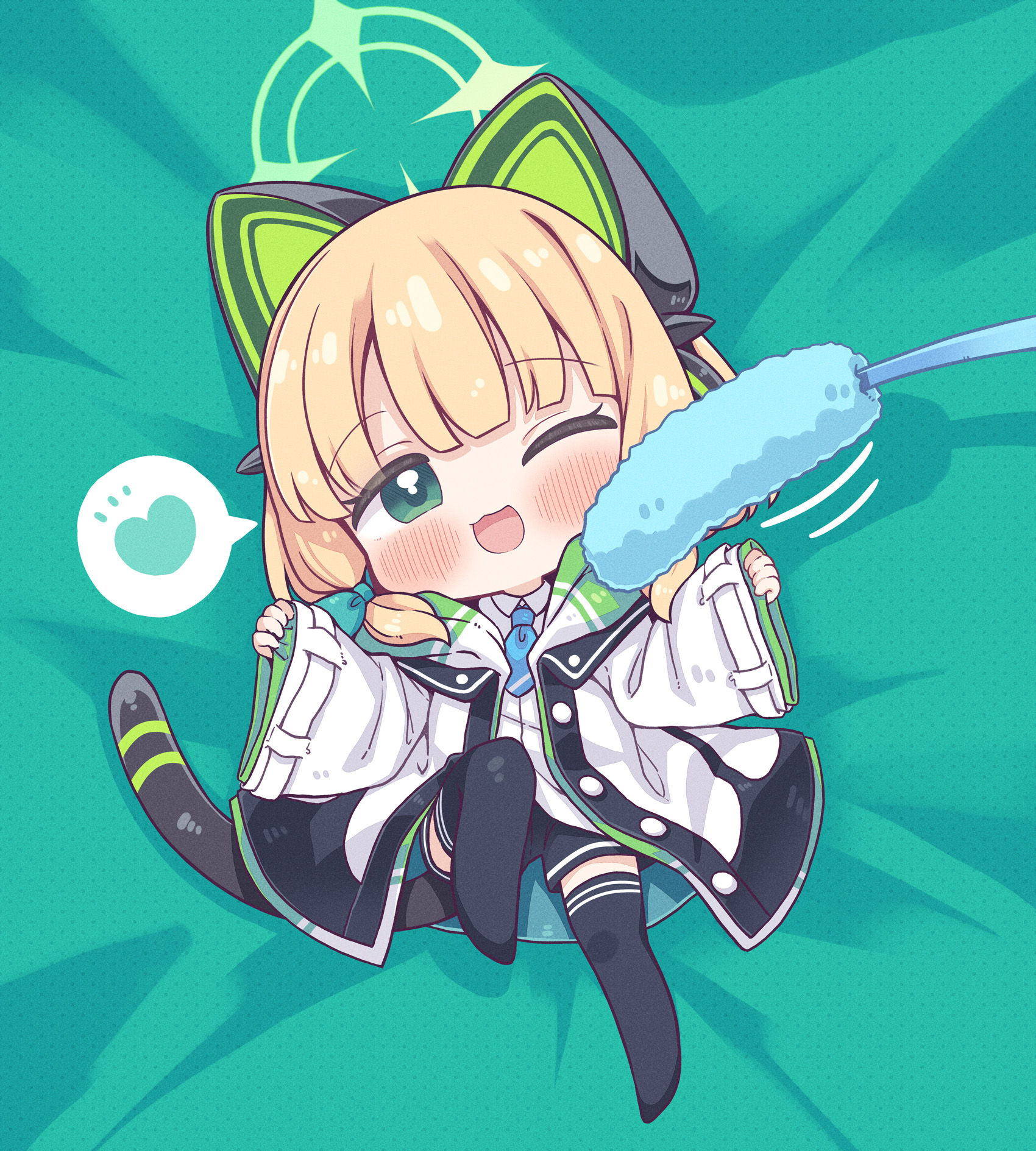 takahero, midori (blue archive), blue archive, commentary request, highres, 1girl, ;3, ;d, animal ear headphones, animal ears, bed sheet, black jacket, black shorts, black tail, black thighhighs, blonde hair, blue necktie, blush, bow, buttons, cat ear headphones, cat ears, cat tail, cat teaser, chibi, chibi only, collared shirt, fake animal ears, fake tail, full body, green bow, green eyes, green halo, green jacket, hair bow, halo, headphones, heart, jacket, long sleeves, looking at viewer, low-tied sidelocks, lying, mini person, minigirl, multicolored jacket, necktie, no shoes, on back, one eye closed, open clothes, open jacket, open mouth, pinching sleeves, shirt, shorts, sidelocks, sleeves past wrists, smile, solo, speech bubble, spoken heart, tail, thighhighs, unbuttoned, white jacket, white shirt, wide sleeves