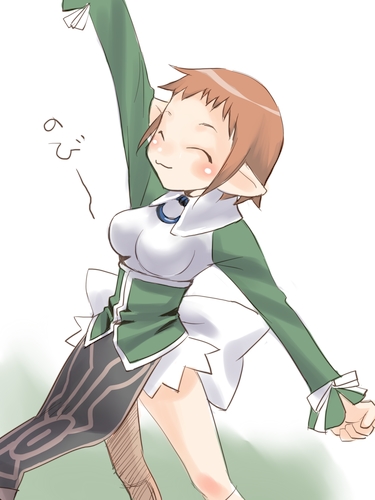 magic knight (disgaea), disgaea, makai senki disgaea 2, makai senki disgaea 3, nippon ichi, lowres, 1girl, brown hair, female focus, green shirt, pointy ears, shirt, short hair, solo, tabard