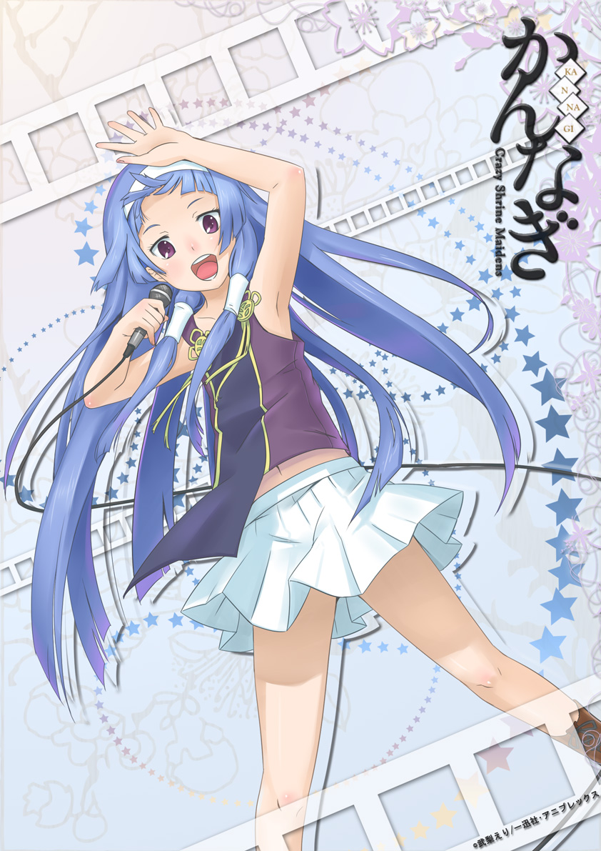 waha (artist), nagi, waha, yamato suzuran, kannagi, bad id, bad pixiv id, 00s, 1girl, blue hair, blunt bangs, female focus, hair ornament, hair tubes, hairband, long hair, microphone, miniskirt, navel, pleated skirt, purple eyes, skirt, smile, solo, white skirt