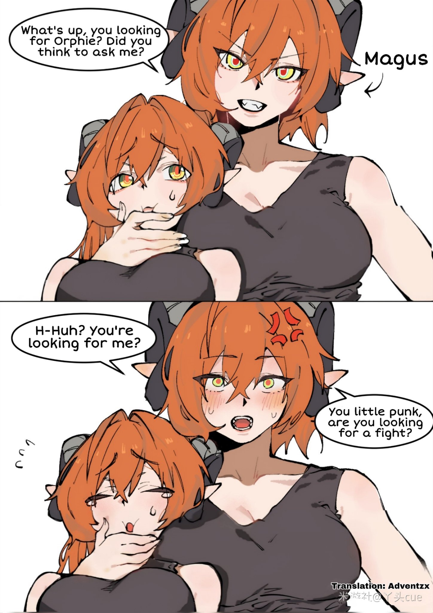 yatou cue, magus (zenless zone zero), orphie magnusson, zenless zone zero, hard-translated, third-party edit, 2girls, 2koma, anger vein, bare shoulders, black shirt, blush, breasts, clone, closed eyes, comic, curled horns, english text, green eyes, head tilt, horns, large breasts, long hair, looking at viewer, multiple girls, open mouth, pointy ears, red hair, shirt, sleeveless, sleeveless shirt, squeezing cheeks, white background